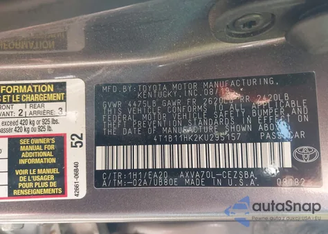 2019 Toyota Camry Se z USA, uszkodzony, nr VIN 4T1B11HK2KU295157